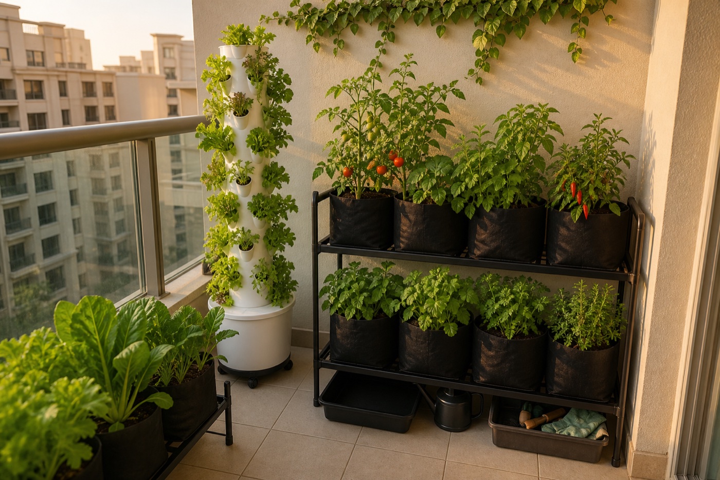 Compact UAE apartment balcony corner with grow bags and an aeroponic tower