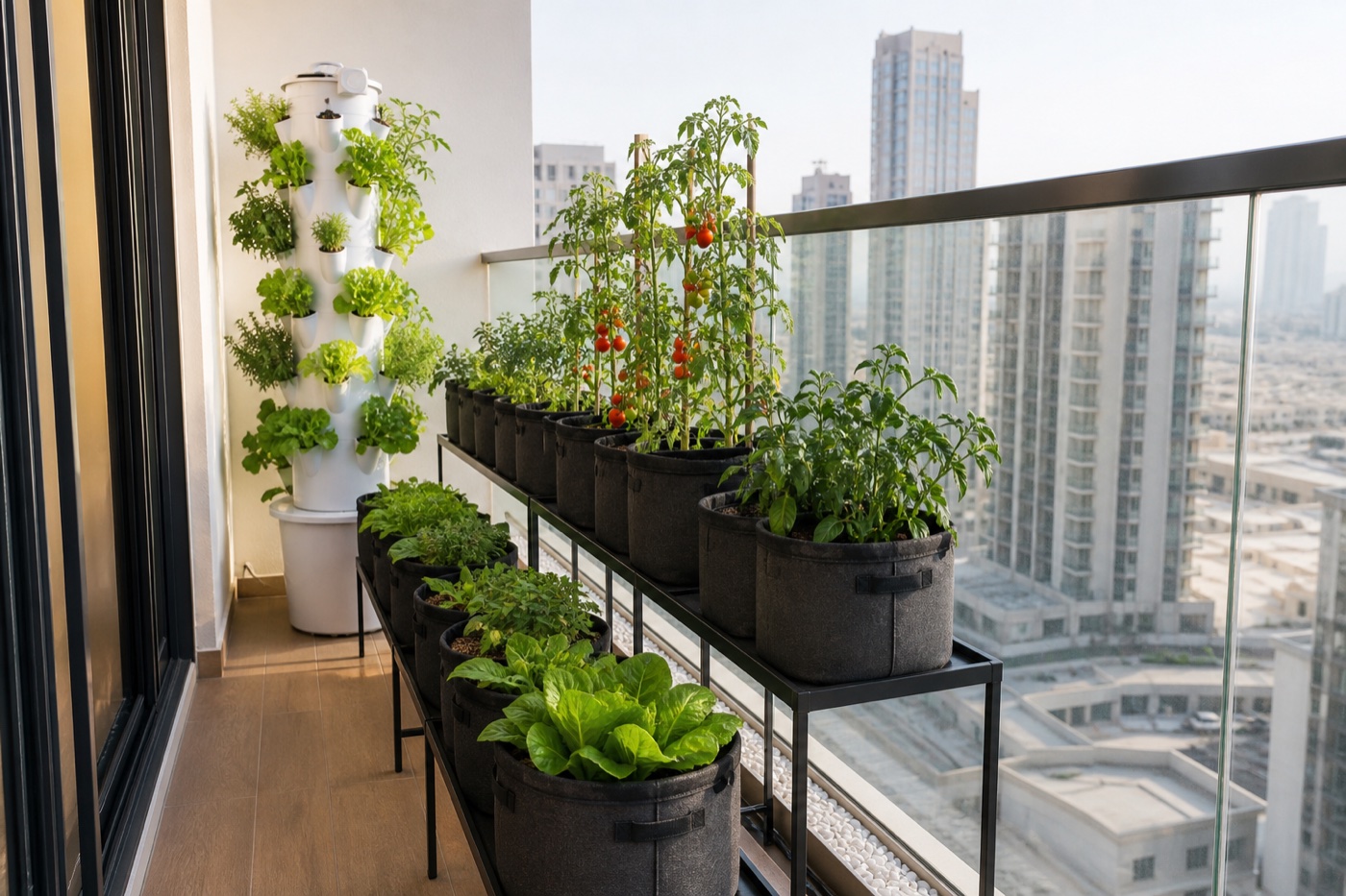Narrow high-rise balcony with an aeroponic tower and grow bags on balcony-safe stands