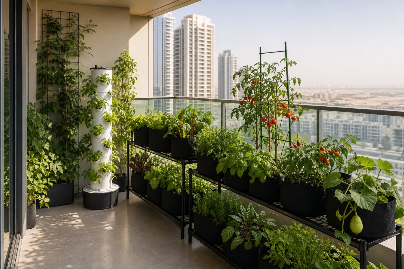 Larger apartment balcony with managed grow bags, trellised vegetables, and an aeroponic tower